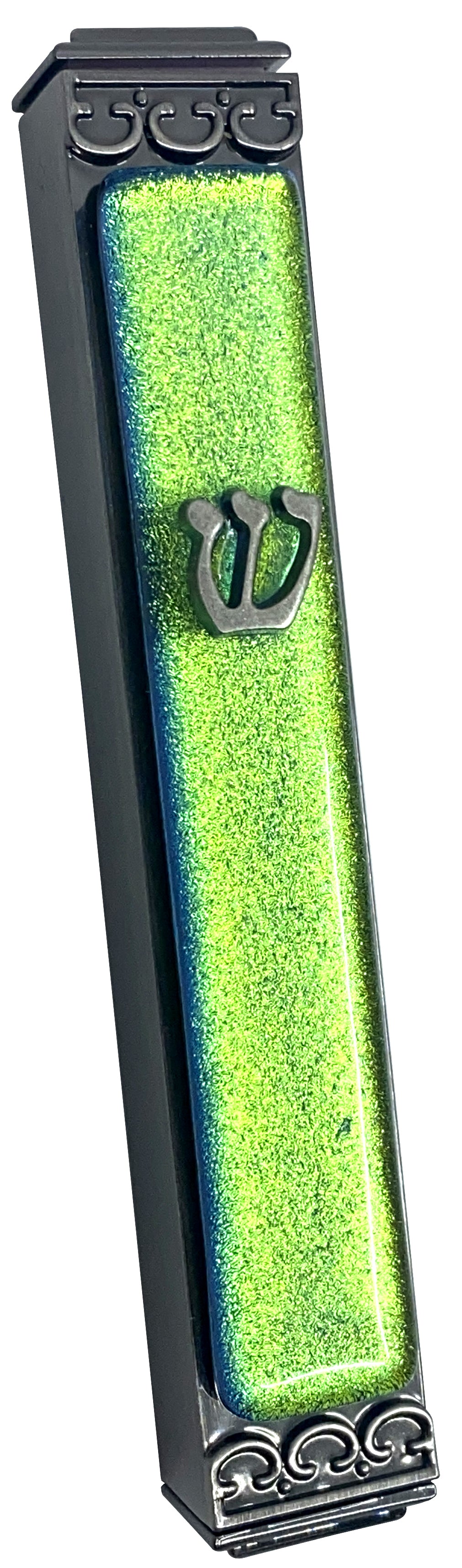 Shimmering Cyan Copper Art Glass Mezuzah - Glass on Metal