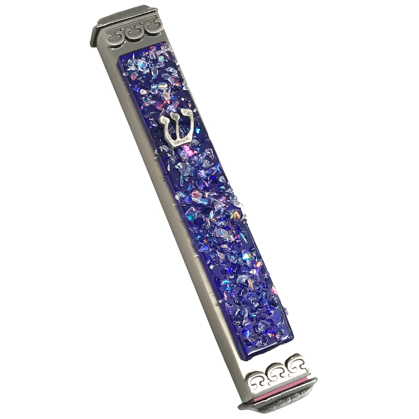 Sparkling Blue Art Glass on Metal Mezuzah