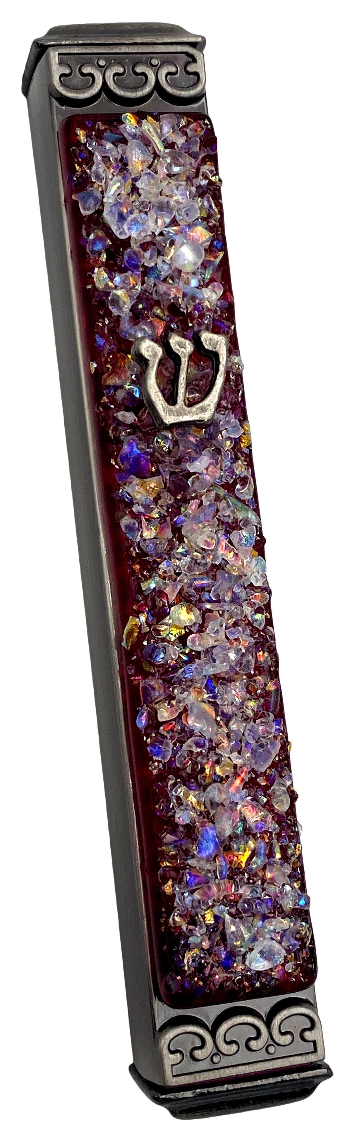 Sparkling Cherry Red Art Glass on Metal Mezuzah