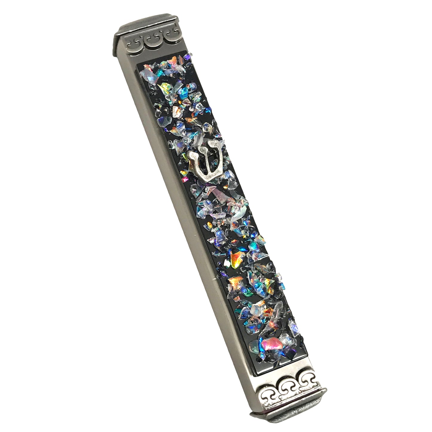 Sparkling Black Art Glass on Metal Mezuzah