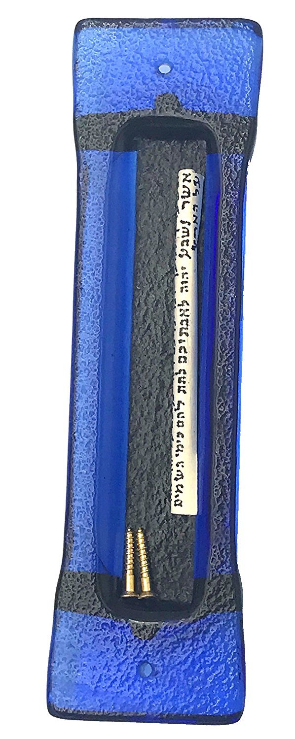 Accordion Blue Silver Art Glass Mezuzah