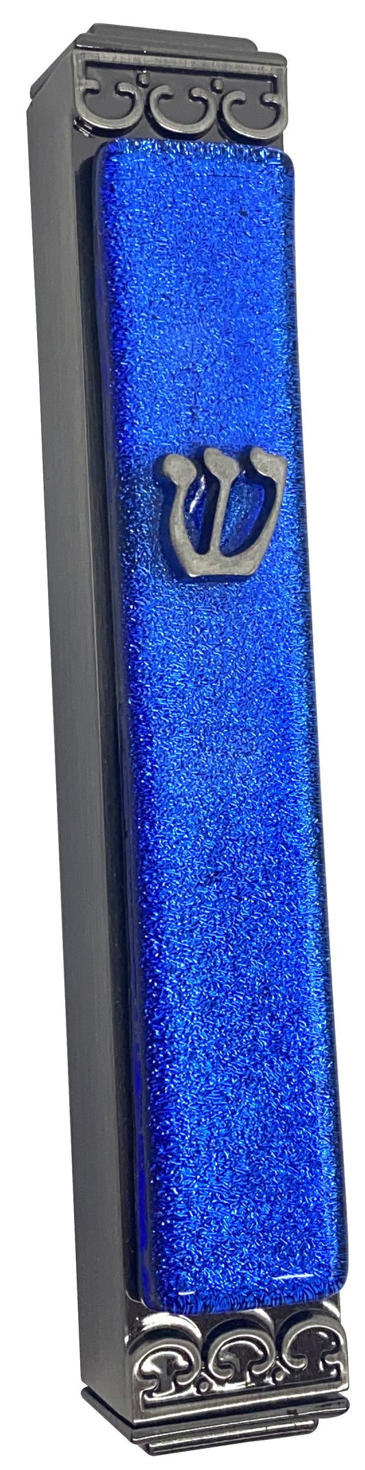 Shimmering Blue Art Glass Mezuzah - Glass on Metal