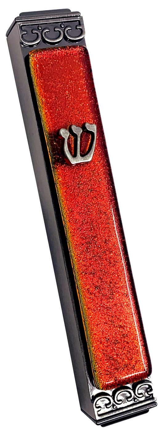 Shimmering Candy Apple Red Art Glass Mezuzah - Glass on Metal