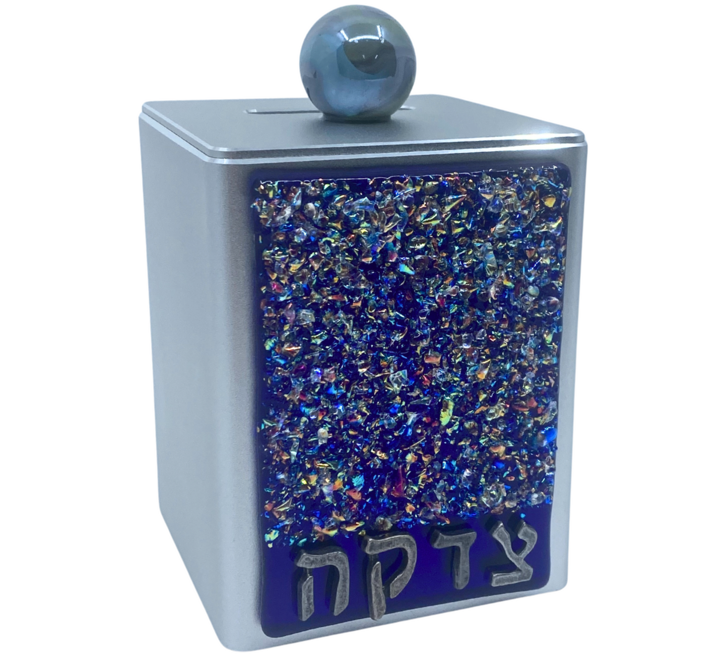 Shimmering Blue Crushed Jewels Tzedakah Box