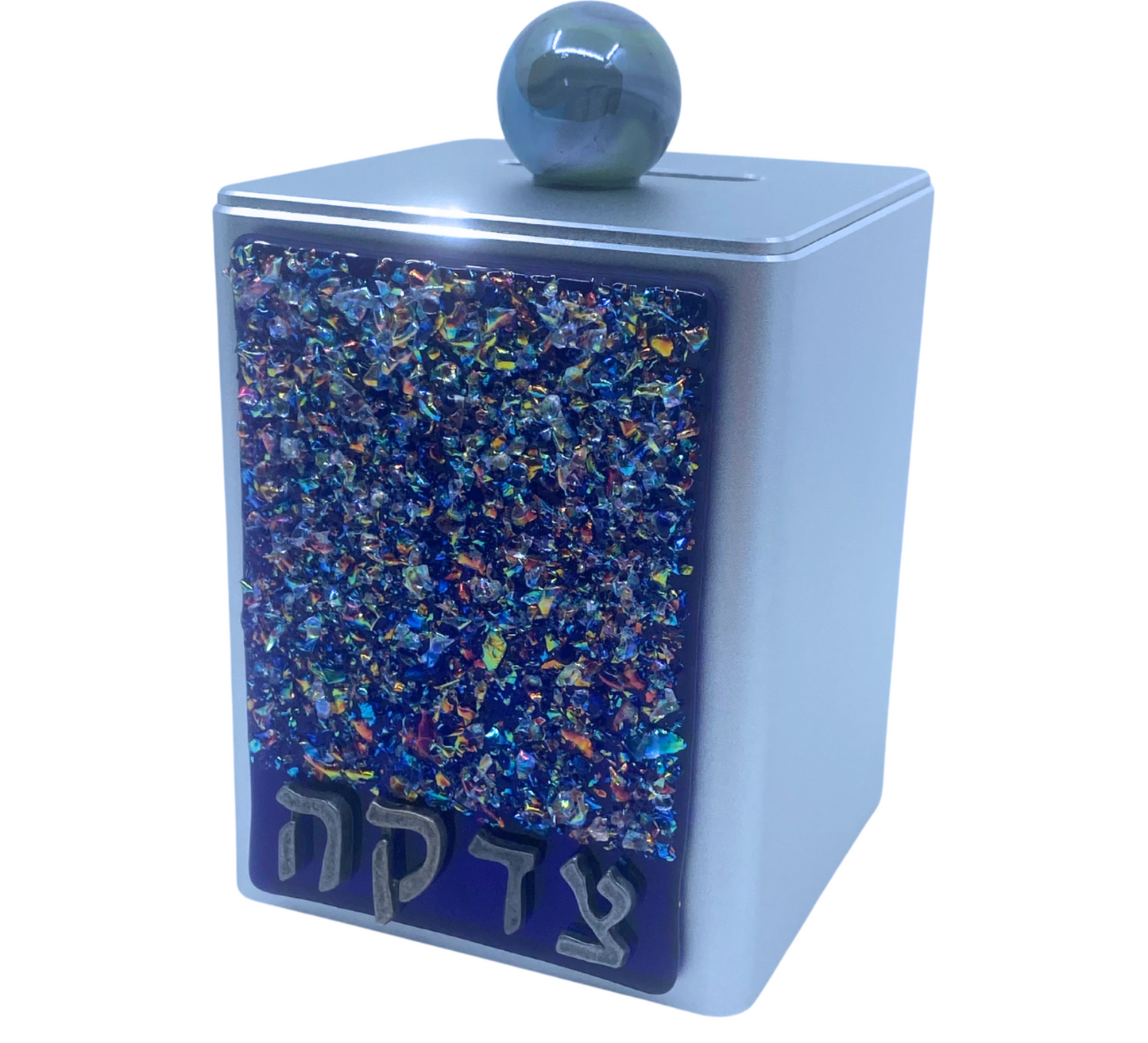 Shimmering Blue Crushed Jewels Tzedakah Box