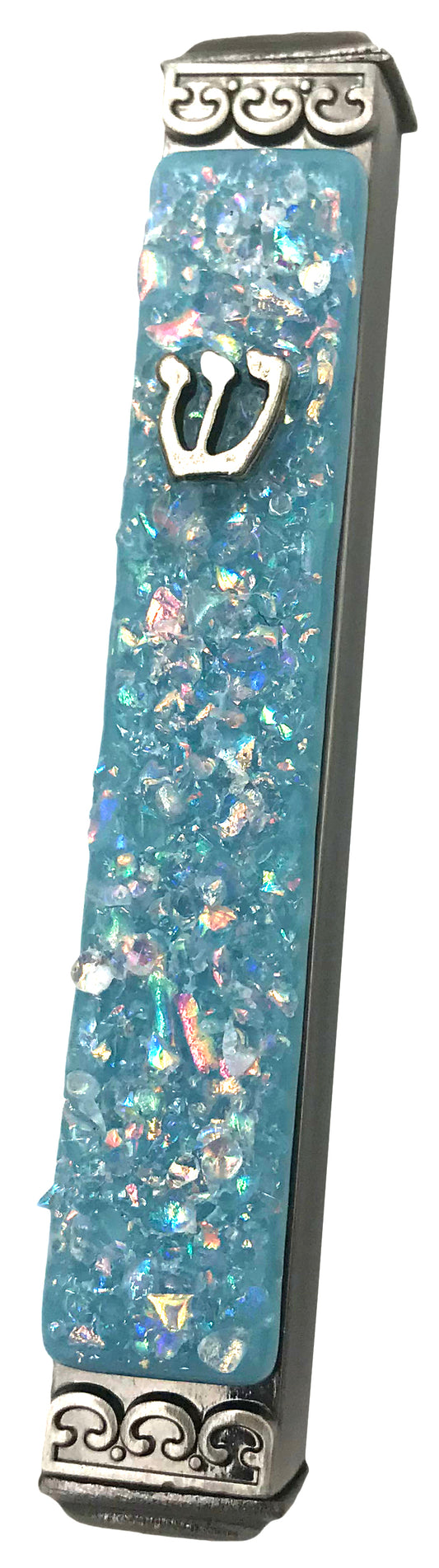 Sparkling Opal Blue Art Glass on Metal Mezuzah