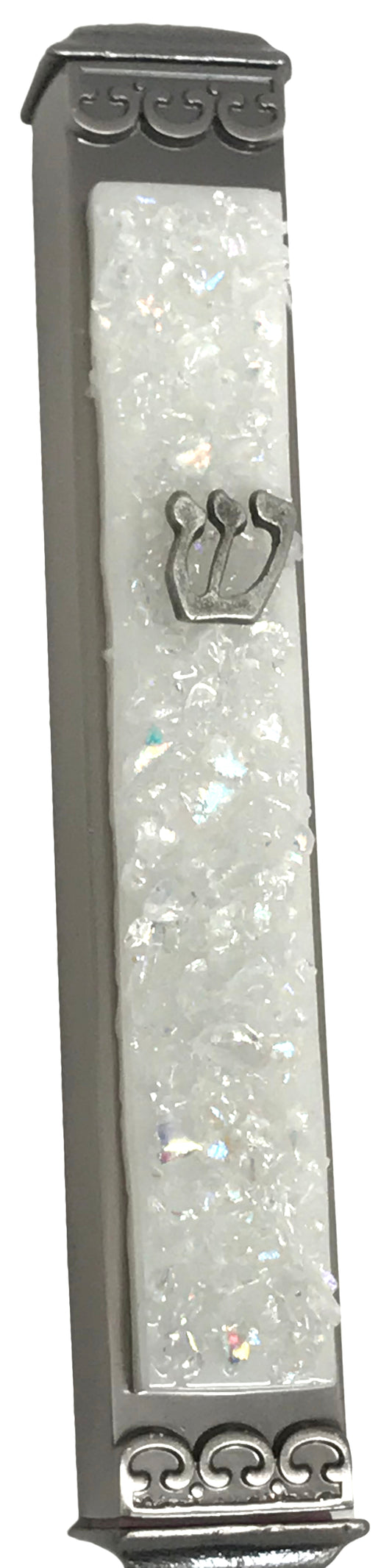 Sparkling White Art Glass on Metal Mezuzah
