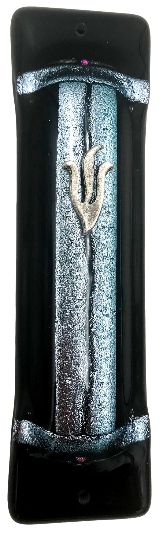 Parting of the Sea Art Glass Mezuzah - Black Silver