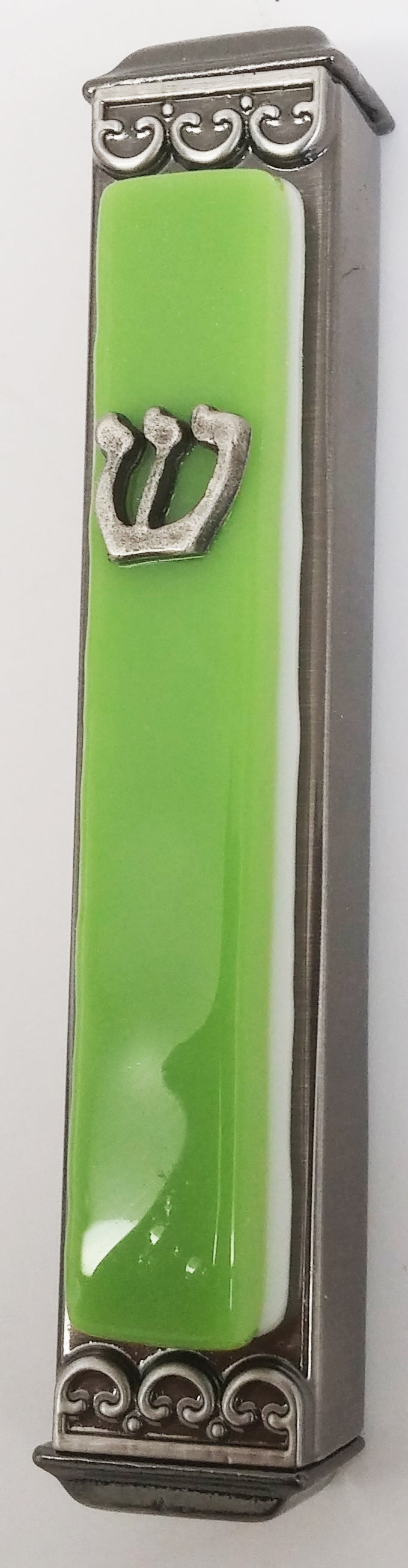 Amazon Green on White - Glass on Metal Mezuzah
