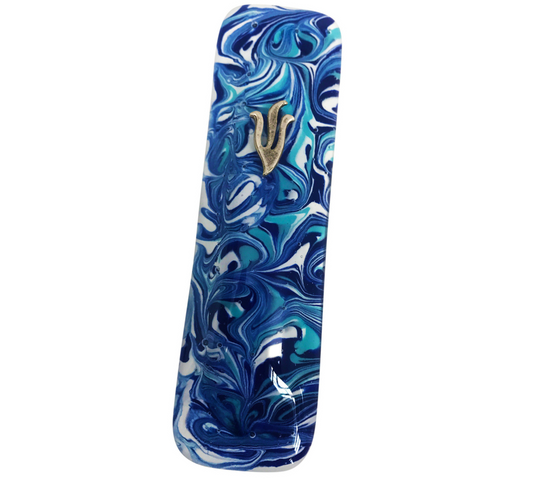 Marbled Blues Art Glass Mezuzah