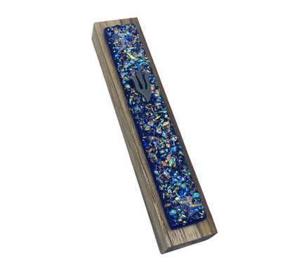 Sparkling Blue Crushed Jewels Glass on Teak Mezuzah