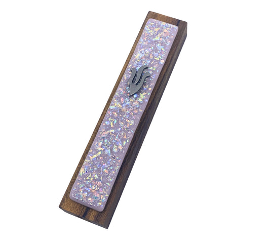 Sparkling Mauve Crushed Jewels Glass on Teak Mezuzah