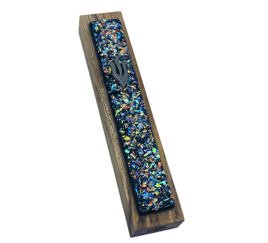 Sparkling Black Crushed Jewels Glass on Teak Mezuzah