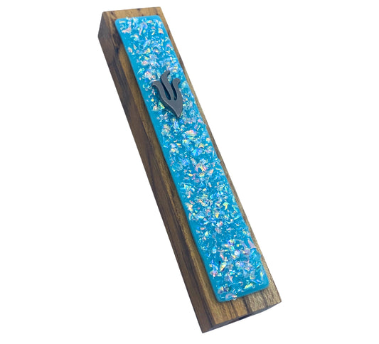 Sparkling Opal Blue Crushed Jewels Glass on Teak Mezuzah