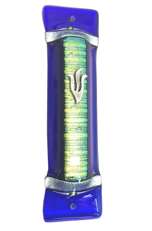 Accordian Cyan Gold Art Glass Mezuzah