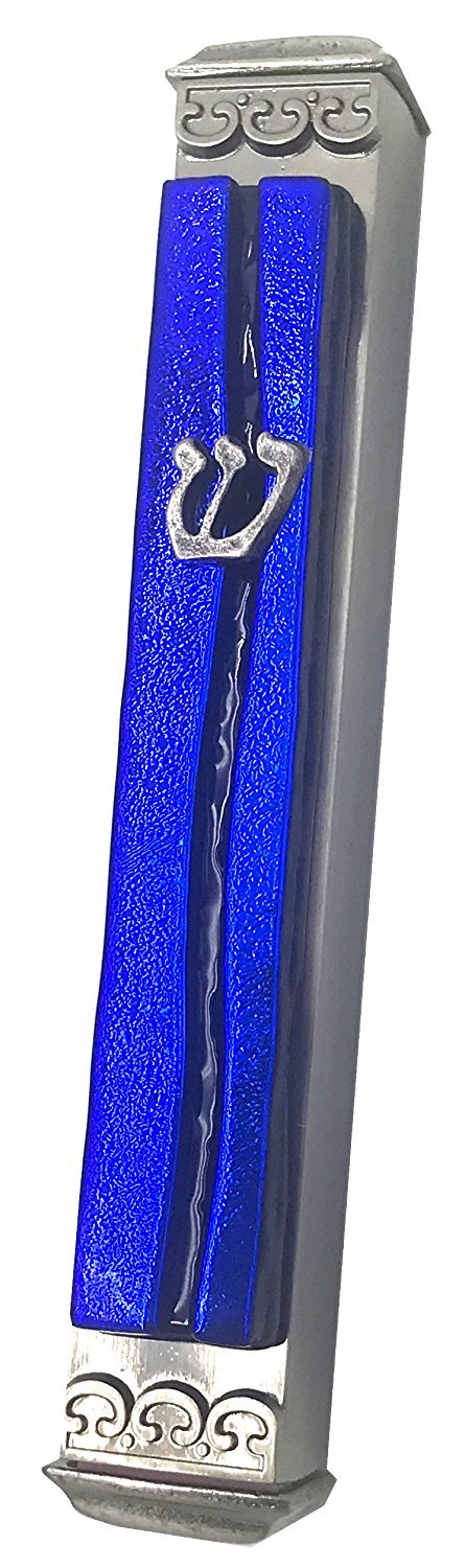 Ice Blue Parting of the Sea Art Glass Mezuzah - Glass on Metal
