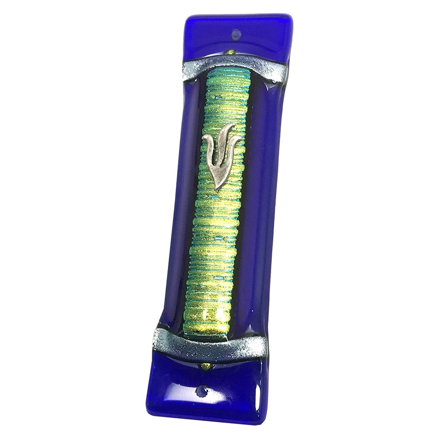 Accordian Cyan Gold Art Glass Mezuzah