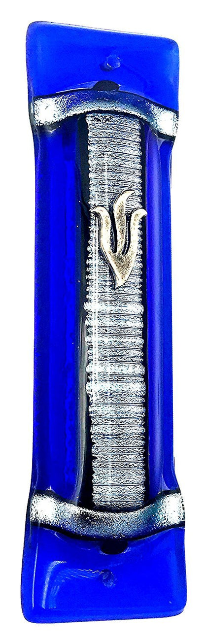 Accordion Blue Silver Art Glass Mezuzah